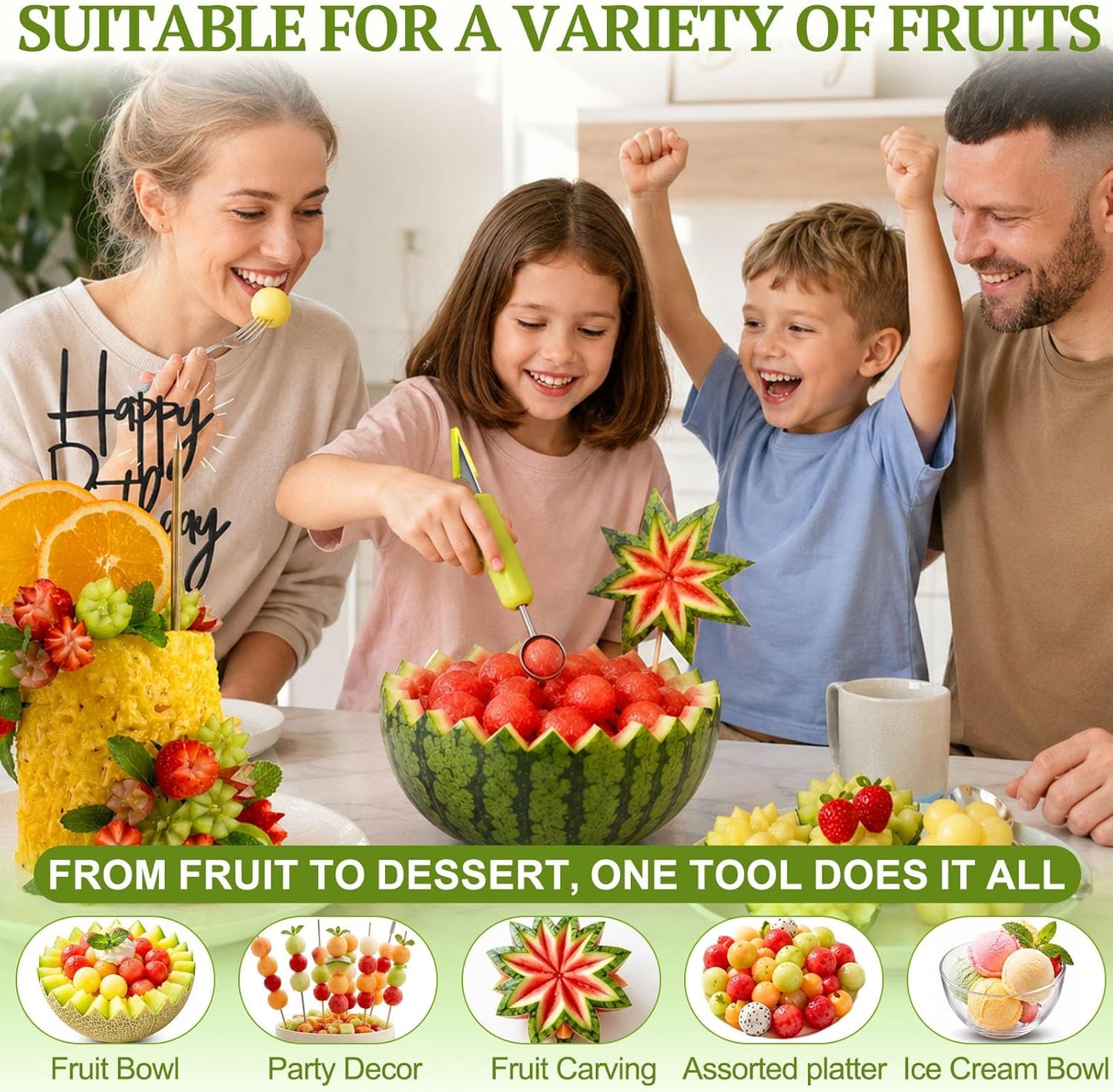 Suuker 4 in 1 Melon Baller Scoop Set, Stainless Steel Fruit Cutters Shapes, Watermelon Scooper and Baller, Fruit Carving Tools (Green)