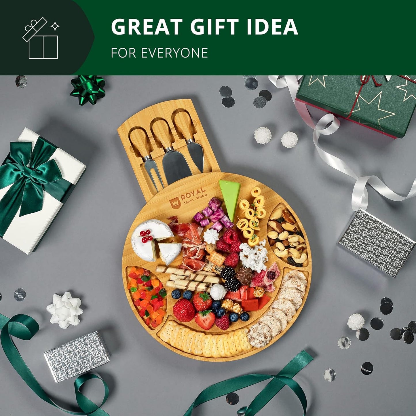 ROYAL CRAFT WOOD Extra Large Cheese Board - Bamboo Cheese Board and Knife Set - Charcuterie Board Set, Charcuterie Platter & Serving Tray