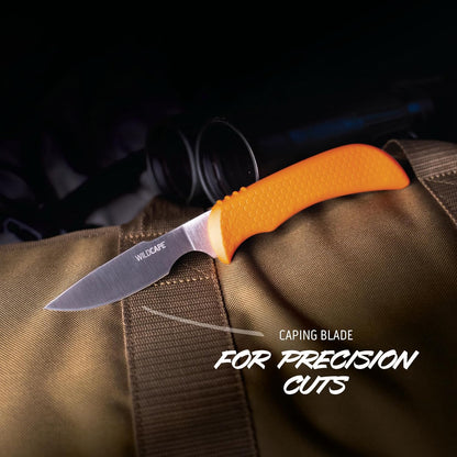 OUTDOOR EDGE WildBone, 4-Piece Hunting Knife Set, Field Dressing & Game Processing Knives - Gut-Hook Skinning & Boning/Fillet Knife, Carbine/Ceramic Sharpener, Camo Belt Scabbard - Deer & Elk