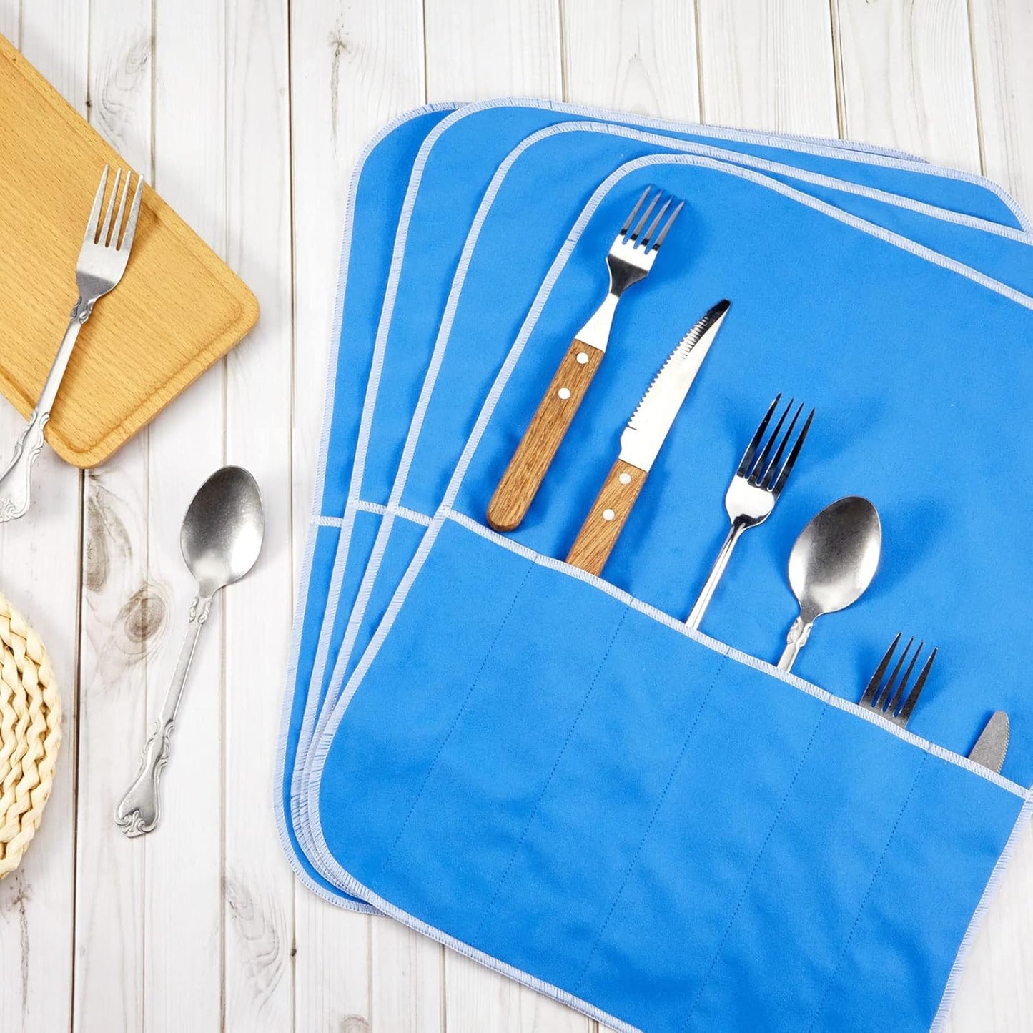 Weewooday Silver Storage Bags Anti Tarnish Silver Protector Bags Blue Holder for Silverware Flatware Storage Organizer Cloth Place Setting Roll with White Ribbon for Teaspoon Utensils(4 Pieces)