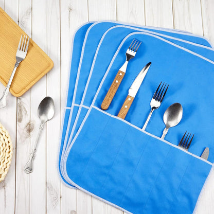 Weewooday Silver Storage Bags Anti Tarnish Silver Protector Bags Blue Holder for Silverware Flatware Storage Organizer Cloth Place Setting Roll with White Ribbon for Teaspoon Utensils(4 Pieces)