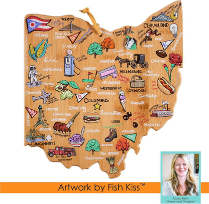 Totally Bamboo Tennessee State Shaped Cutting Board and Charcuterie Serving Platter with Artwork by Fish Kiss, Includes Hang Tie for Wall Display - Colors A