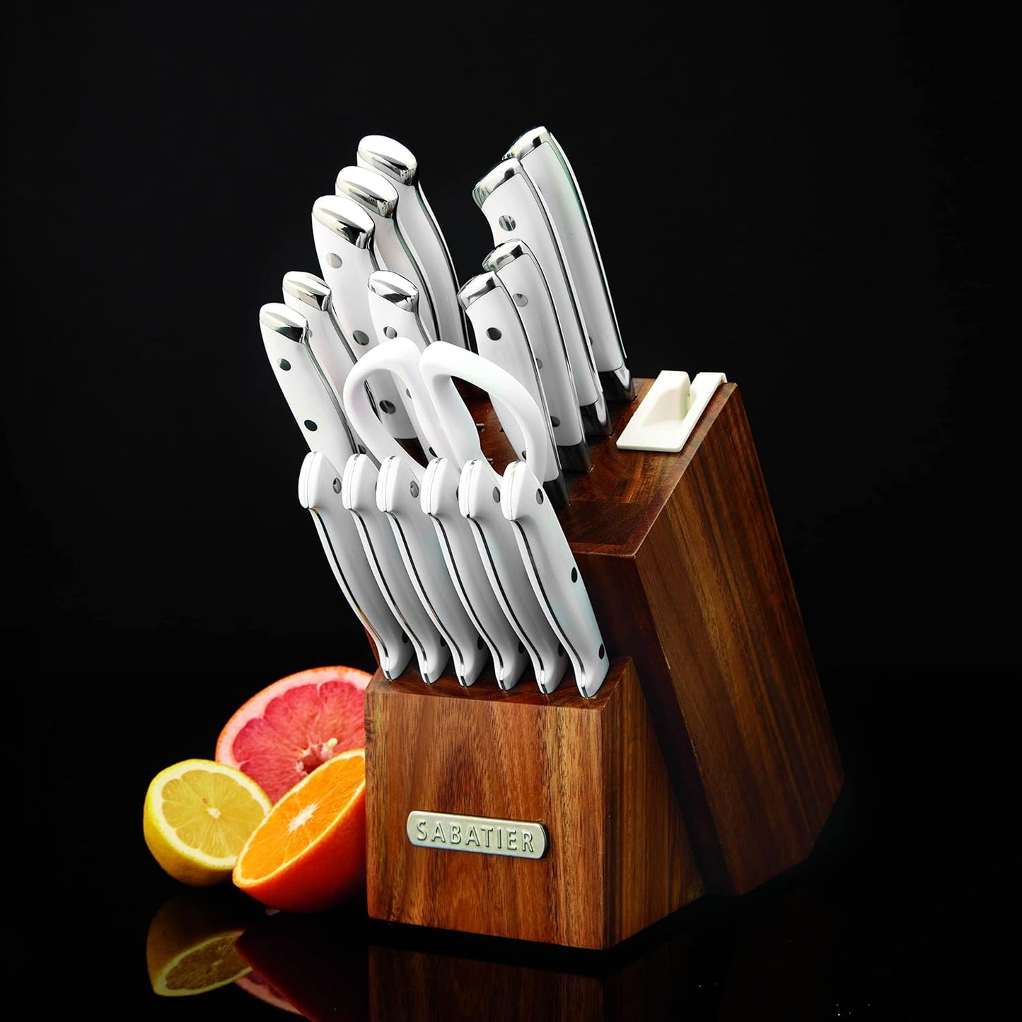 Sabatier 15-Piece Forged Triple Rivet Knife Block Set, High-Carbon Stainless Steel Kitchen Knives, Razor-Sharp Knife set with Acacia Wood Block, White Handles