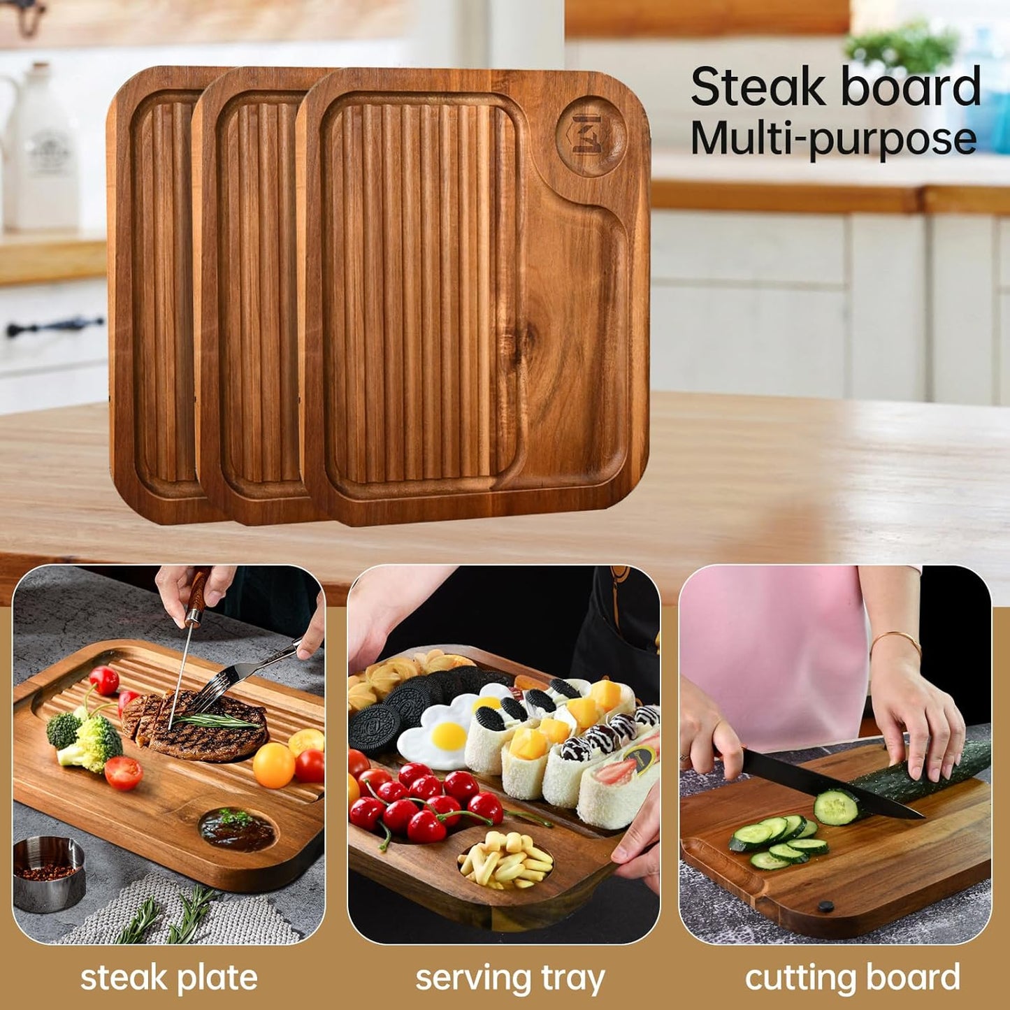 Acacia Wood Steak Plates,Carnivore Cutting Board for Eating, Carved Meat Wooden Plate, Food Serving Tray,Cheese Charcuterie Board with Deep Grooves & Hidden Handles