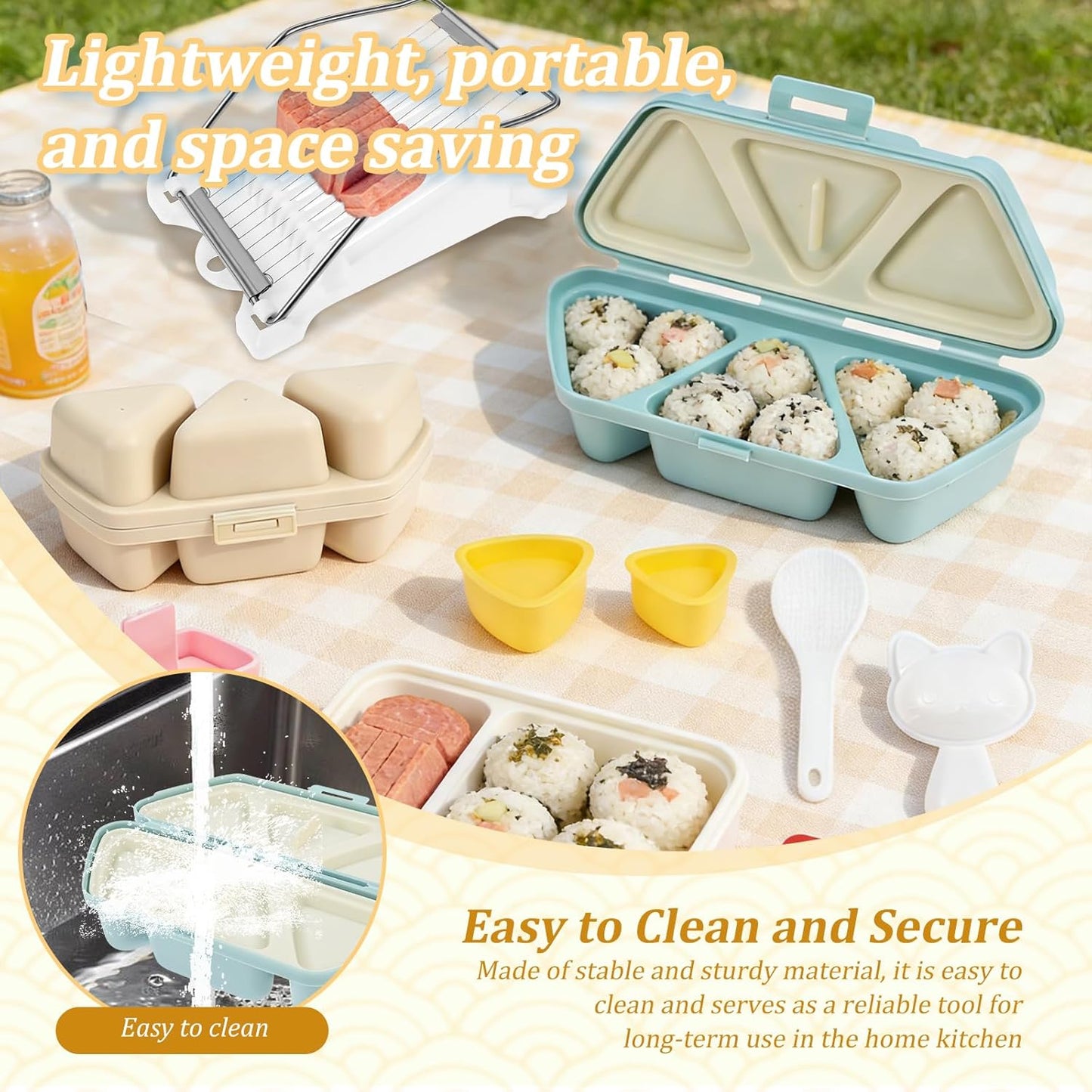 Onigiri Molds Set, Triangle Onigiri Molds Cute Cat Shape Rice Ball Maker, Musubi Press Mould with Ham Slicer and Gimbap Mould, Reusable Sushi Making Kit for Kid Lunch Home DIY Picnic Tools