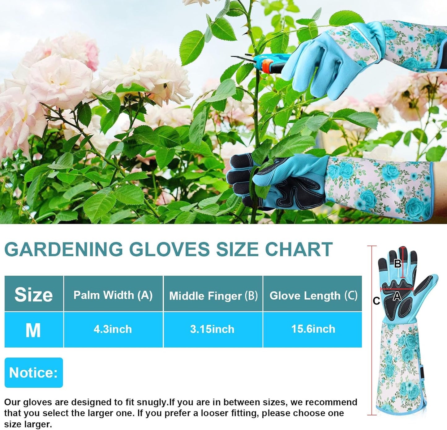 DLY Gardening Gloves for Women, Rose Gloves Gardening Thorn Proof, Long Garden Gloves for Women, Breathable Cowhide Leather Gauntlet (Medium, Blue)