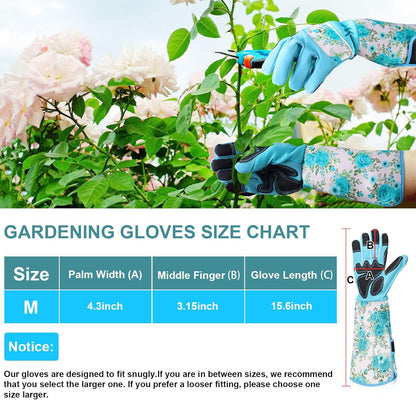 DLY Gardening Gloves for Women, Rose Gloves Gardening Thorn Proof, Long Garden Gloves for Women, Breathable Cowhide Leather Gauntlet (Medium, Blue)