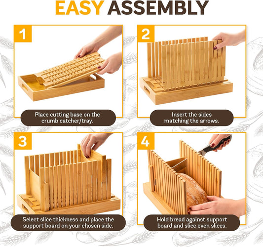 Bread Slicer for Homemade Bread - Adjustable Bamboo Bread Cutter with Knife, Foldable Slicing Guide & Crumb Tray - Bread Loaf Slicer for Sourdough, Cakes, Bagels, Loaves - Kitchen Gadgets Baking Gifts
