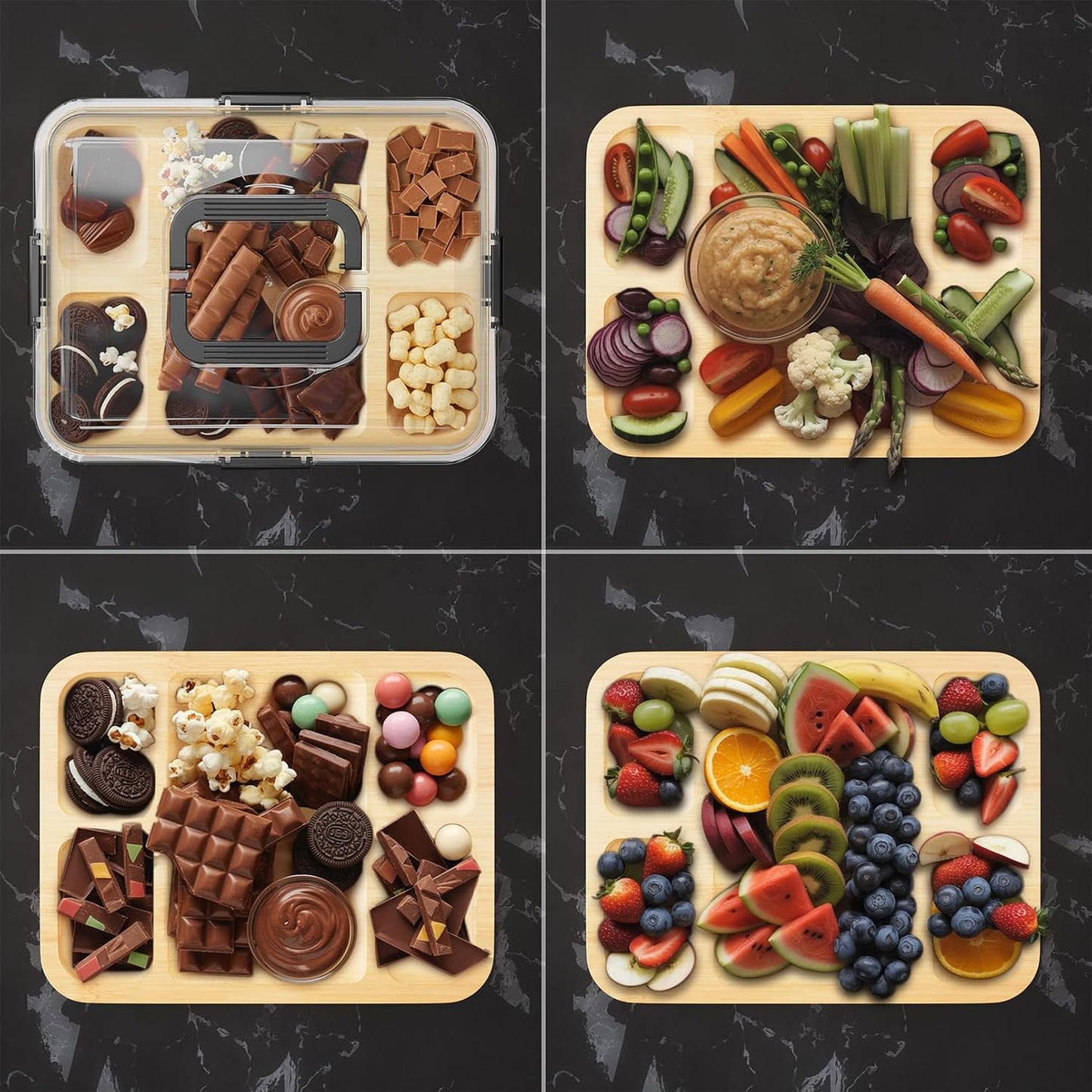 SpaceAid Charcuterie Board with Clear Lid, Portable Travel Cheese Cutting Boards for Picnic Accessories, Bamboo Serving Tray with Lids, House Warming Gifts, Black Handles, 8 Compartments