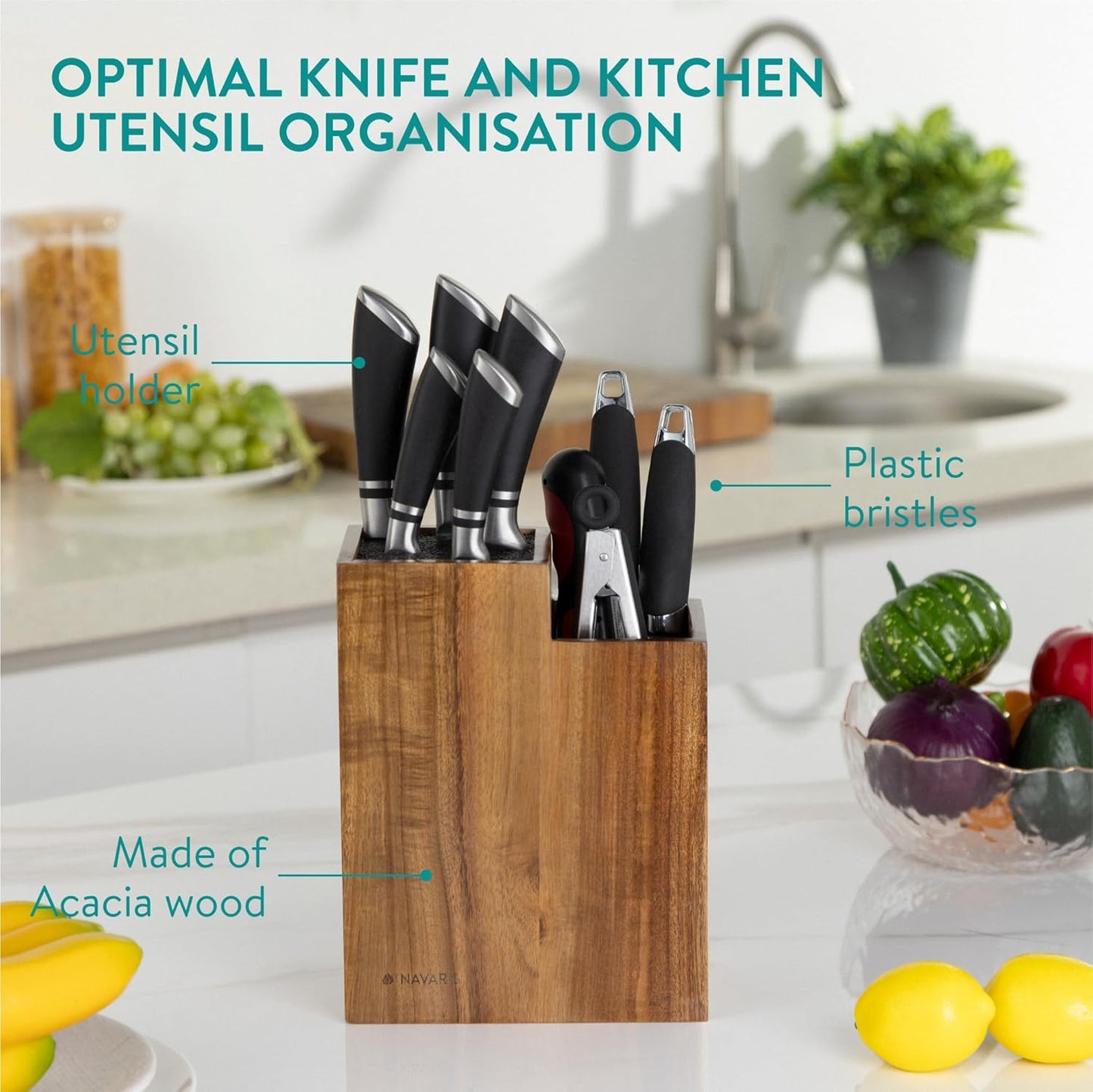 Navaris Bamboo Kitchen Knife Block - Magnetic Rotating Bristle Knife Holder - Universal Knife Block Storage Stand with Bristles - 9.8" x 4.9" x 4.9"