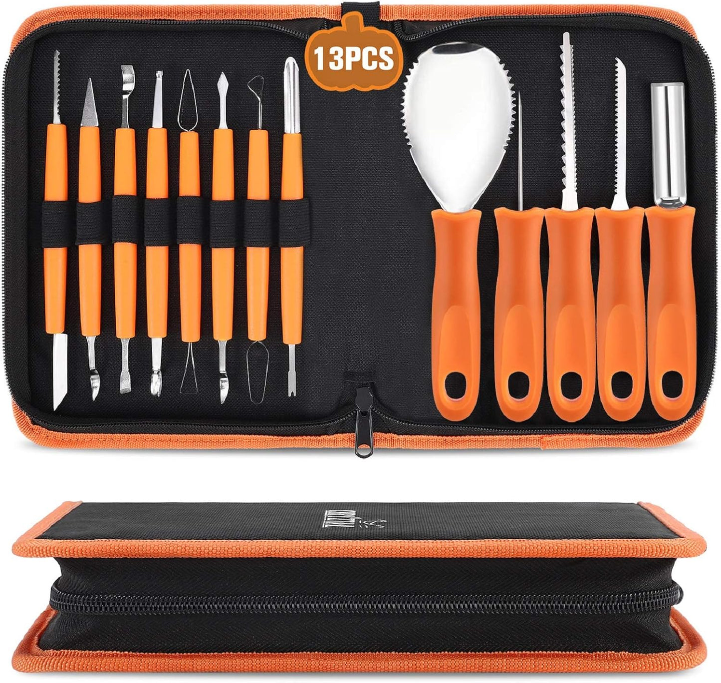 CHRYZTAL Pumpkin Carving Kit Tools Halloween, 13PCS Professional Heavy Duty Carving Set, Stainless Steel Double-side Sculpting Tool Carving Kit for Halloween Decoration Jack-O-Lanterns
