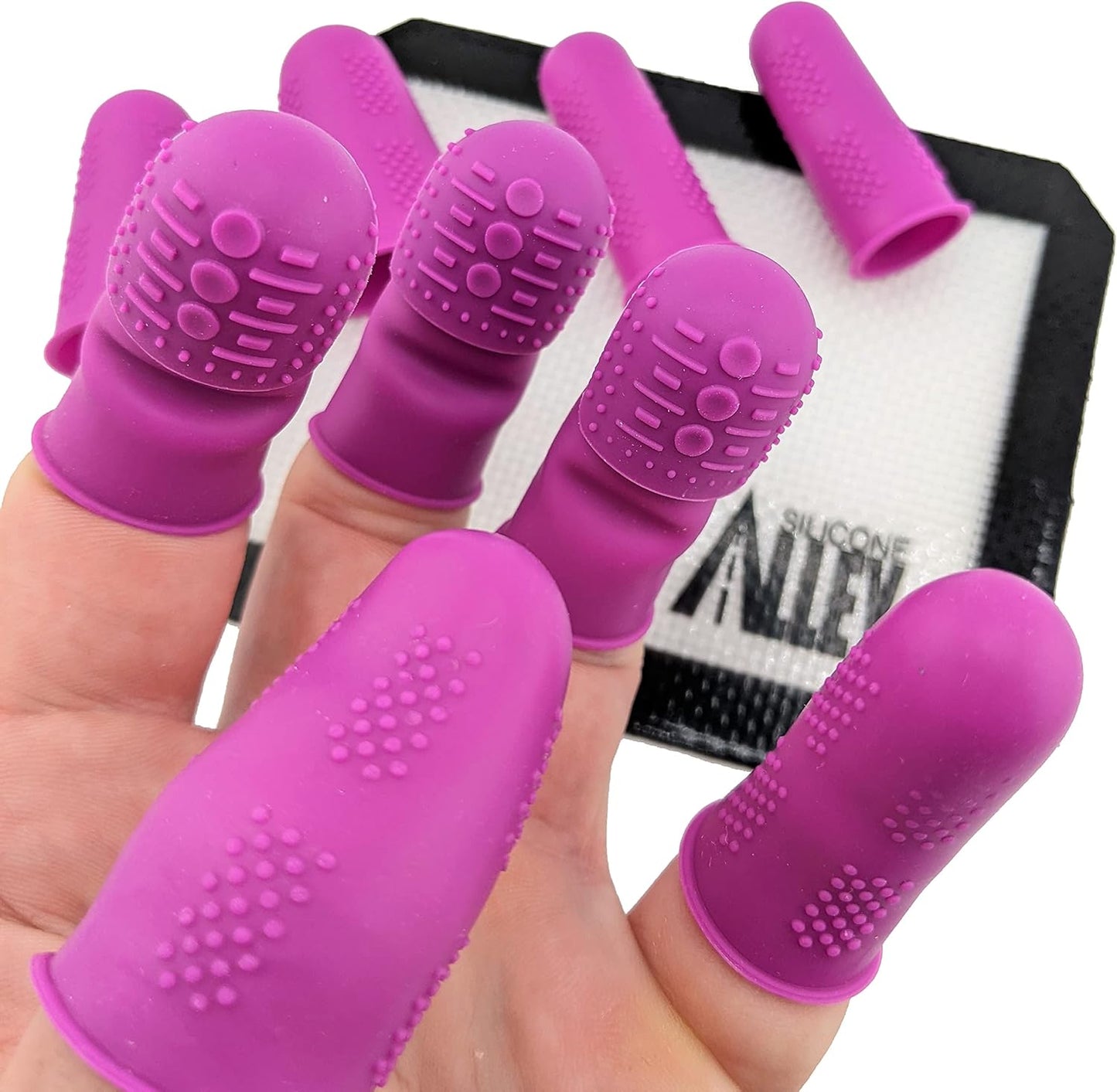FLEX Thimbles | 9-Pack | 3X-Thick THIK-TIP Medium (3) + Standard Purple Finger Protectors 1x Thick - Small (3) and Large (3) | Mat (1) | Set of Large Eye Sewing Needles (1)