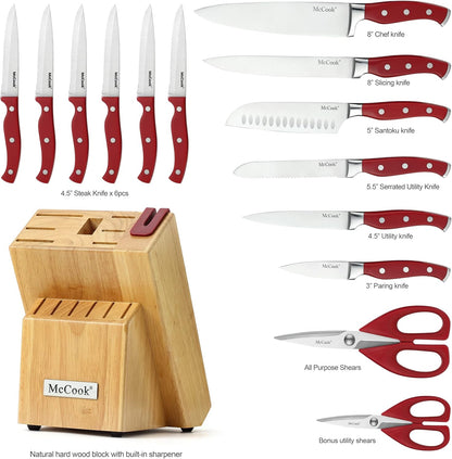 McCook® Knife Sets,German Stainless Steel Kitchen Knife Block Set with Built-in Sharpener