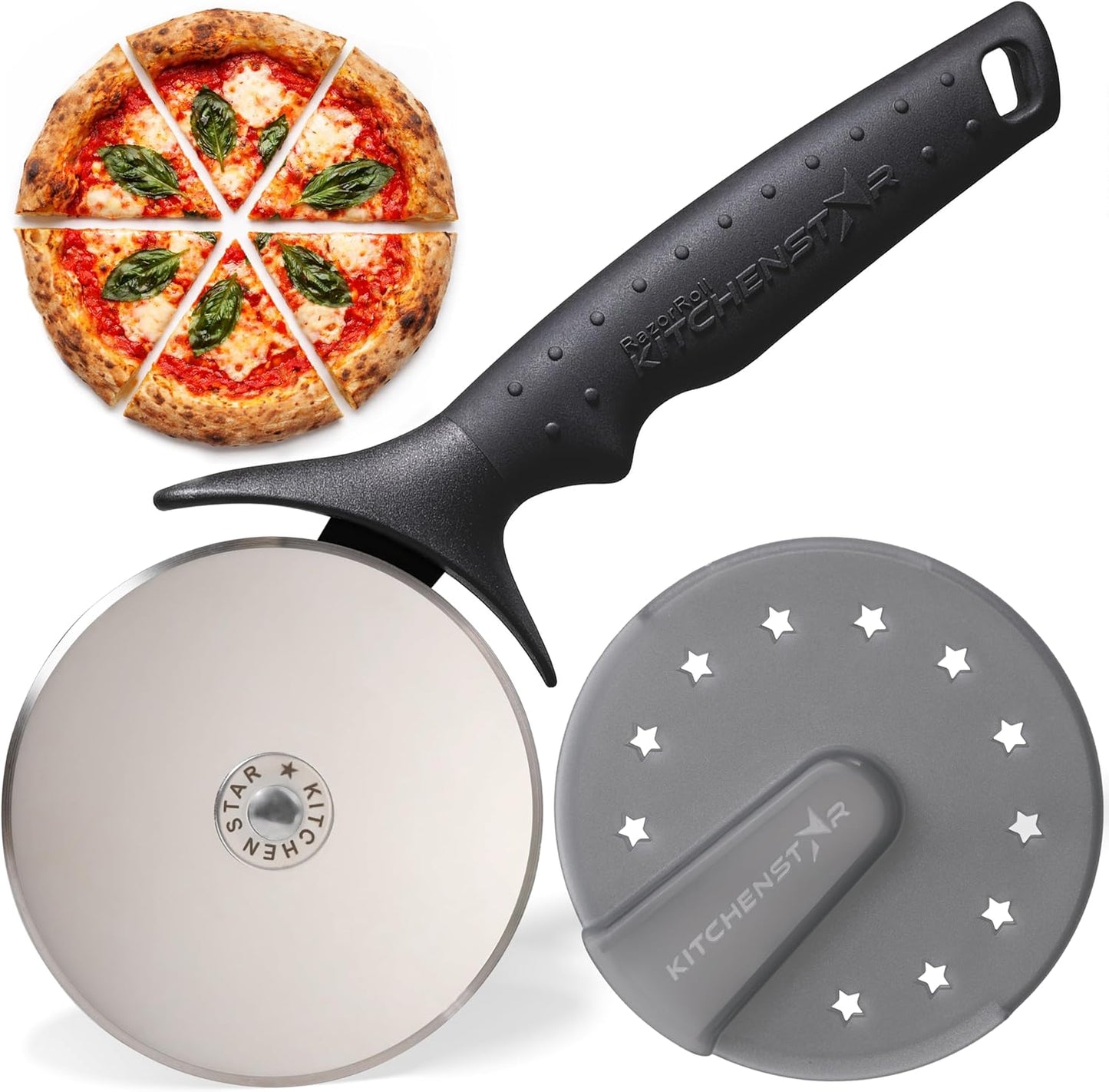 KitchenStar 12-Inch Pizza Cutter Rocker Blade - Sharp Stainless Steel Slicer Knife, Protective Cover, Dishwasher Safe, Small - Professional Pizza Oven Accessories