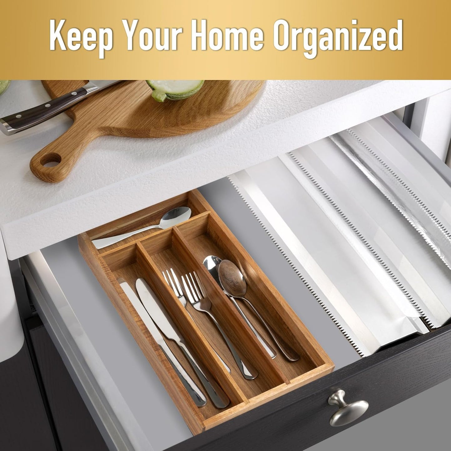 Silverware Organizer Bamboo Kitchen Drawer Organizer Utensil Organizer Silverware Holder Cutlery Organizer in drawer Flatware Organizer Tray (Black 5 Slots)