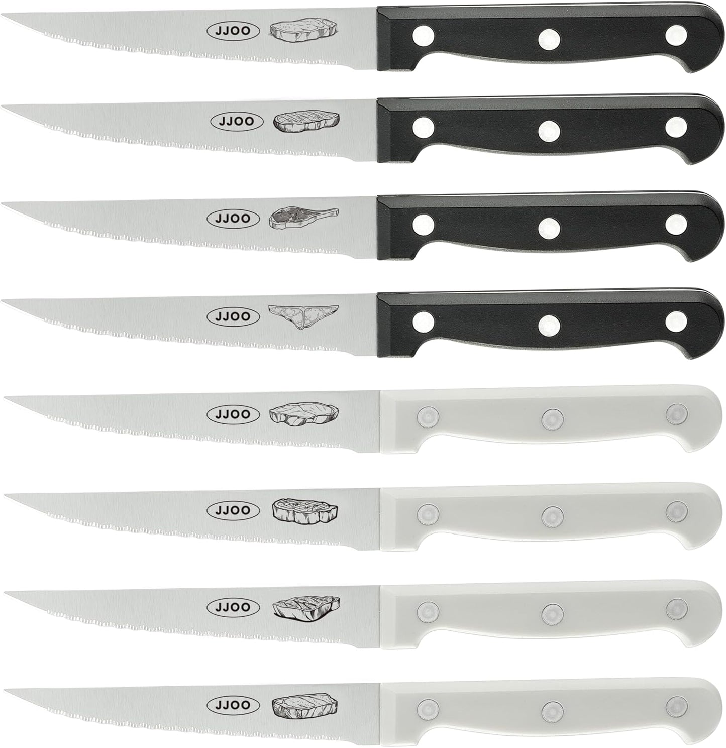 JJOO Steak Knives Set of 8, Serrated Steak Knives Set of 4 for Black and 4 for White, Dishwasher Safe (Unique Pattern)