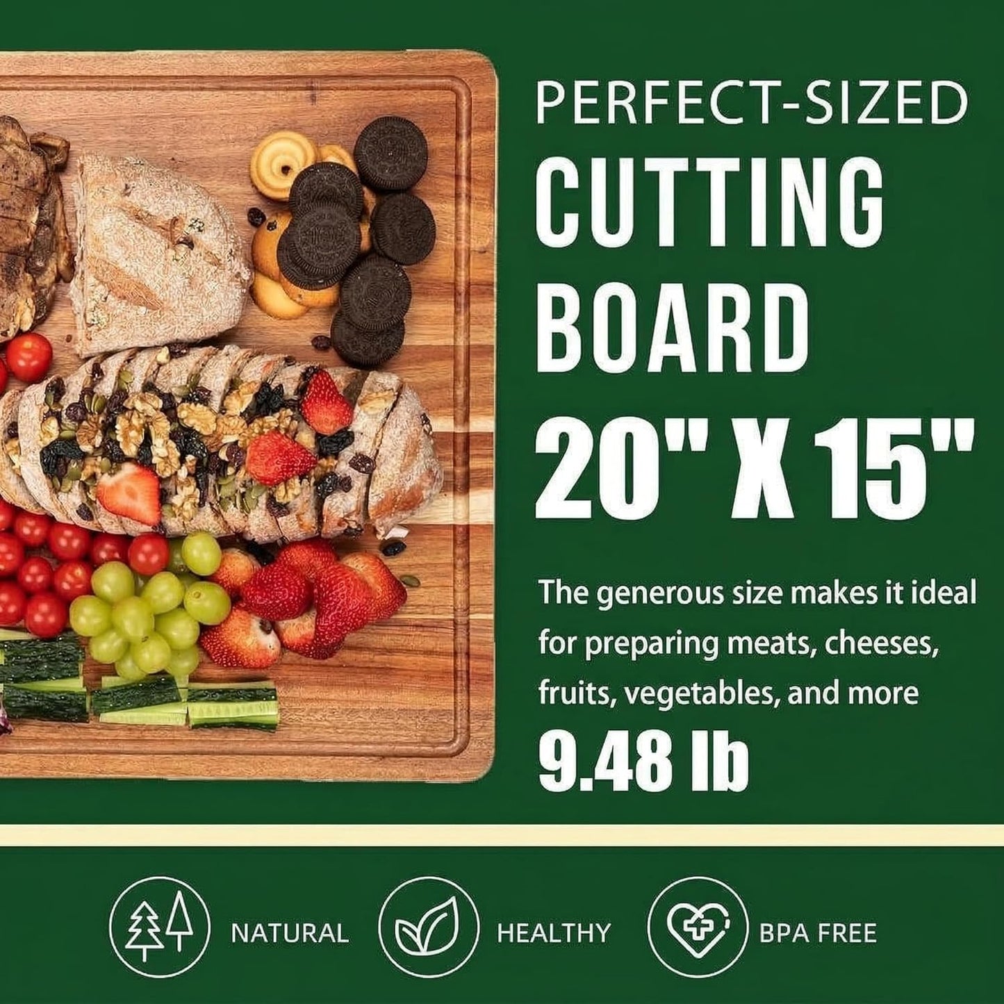 GarveeHome 18 in x 12 in Acacia Wood Cutting Board, 1 in Thick Chopping Board with Deep Juice Groove and Back Inner Handles, Kitchen Butcher Block Cutting Board for Meat, Vegetables and Fruit