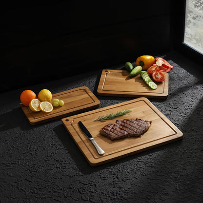 Sango Acacia Cutting Board Set with Juice Grooves and Partitions for Serving, 3-Piece- Wood Chopping Boards, Stackable & Reversible for Kitchen, Non-Toxic, Perfect as Butcher Block Countertop, Atelier