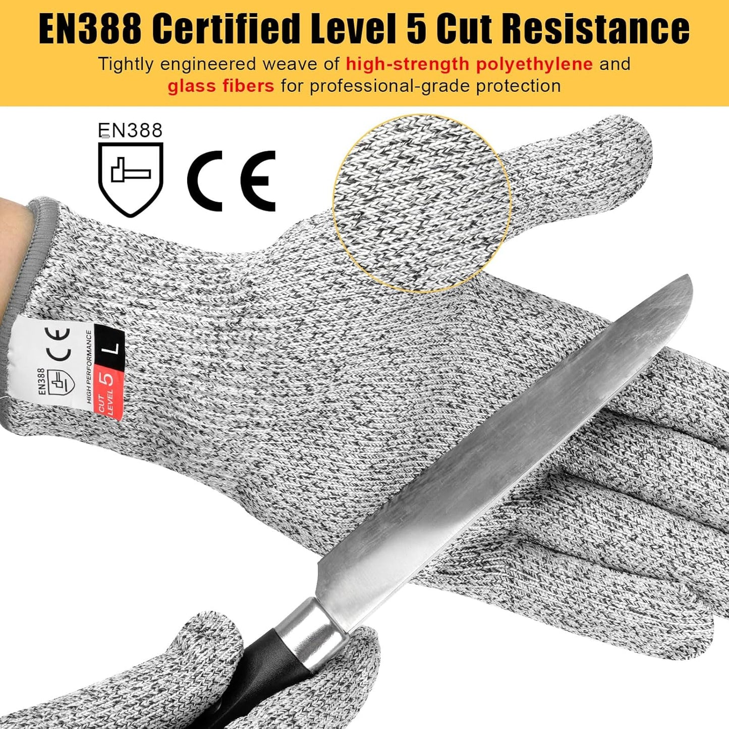 2 Pairs Cut Resistant Gloves Level 5 Protection, Food Grade Cut Proof Gloves, Safety Anti Cutting Glove For Cooking Meat, Oyster Shucking, Mandoline, Chefs, Food Prep, Carving, Butcher (M+L)