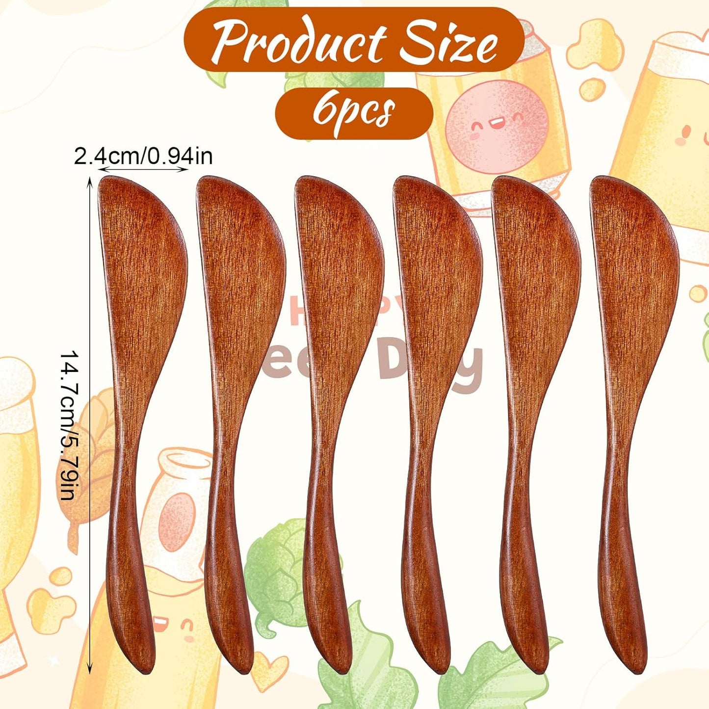6 PCS Wood Butter Knife Spreader 5.9 Inch Wooden Butter Spreader Knife Cheese Spreaders for Kitchen Restaurant Home Stirring Mixing Use