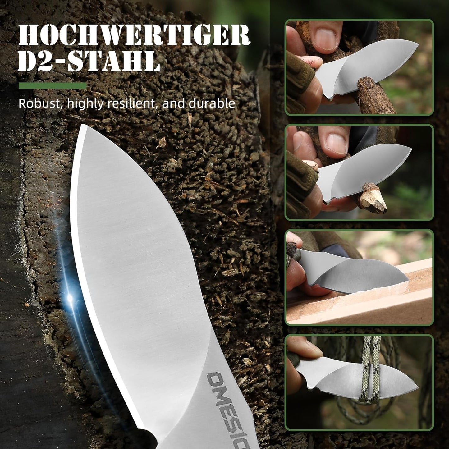 Omesio Neck Knife, Full Tang EDC Knife Necklace for Men, 5.82" Fixed Blade with Kydex SHeath and Clip, Nessmuk Blade Small D2 Steel G10 Handle for Outdoor, Survival, Camping