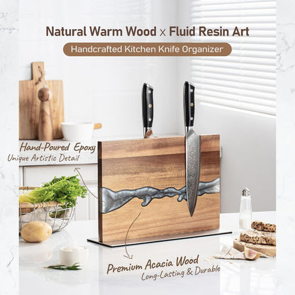 Magnetic Knife Holder Block for Countertop, No Drill Acacia Wood Stand with Epoxy Resin Art & Strong Magnets - Fits Chef Knives & Scissors & Bar Tools (No Knives Included)