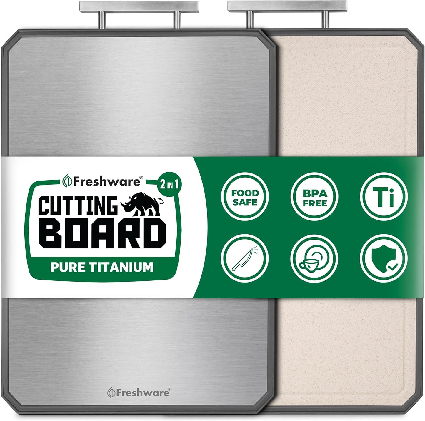 Freshware Titanium Cutting Board for Kitchen, Set of 2, Double Sided Cutting Boards, Pure Titanium/PP, Chopping Board with Juice Grooves, Dishwasher Safe, Medium 12.1" by 8.3" and Large 16.2" by 11"