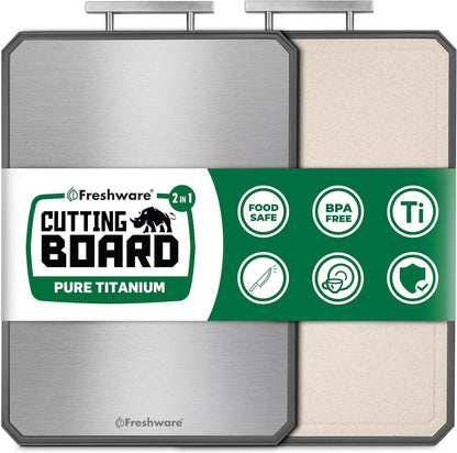 Freshware Titanium Cutting Board for Kitchen, Set of 2, Double Sided Cutting Boards, Pure Titanium/PP, Chopping Board with Juice Grooves, Dishwasher Safe, Medium 12.1" by 8.3" and Large 16.2" by 11"