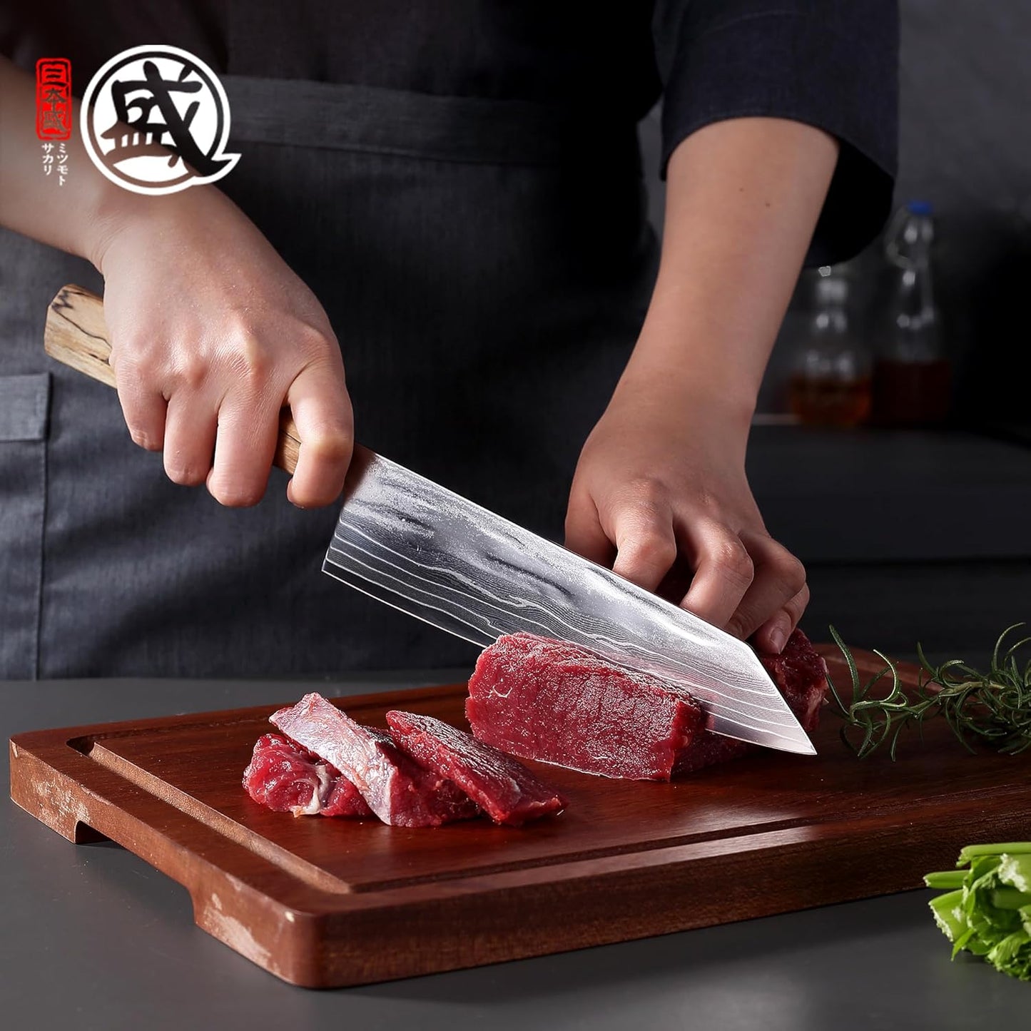 MITSUMOTO SAKARI 8 inch Kiritsuke Chef Knife, 129 Layers Damascus CPM S35VN Powder Steel, Hand Forged Japanese Kitchen Knife for Slicing, Trimming & Precise Cutting with Maple Wood Handle