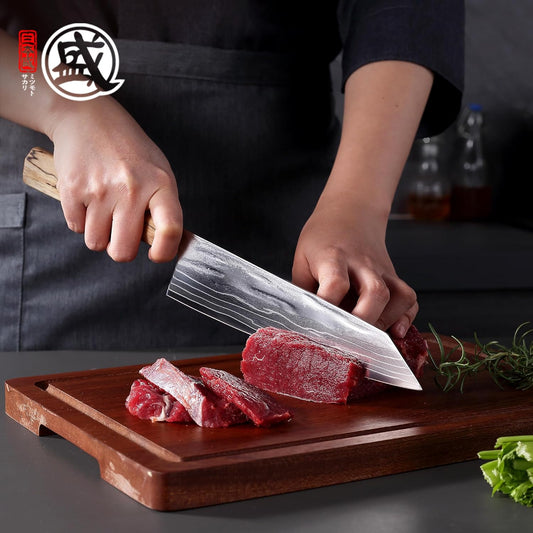 MITSUMOTO SAKARI 8 inch Kiritsuke Chef Knife, 129 Layers Damascus CPM S35VN Powder Steel, Hand Forged Japanese Kitchen Knife for Slicing, Trimming & Precise Cutting with Maple Wood Handle