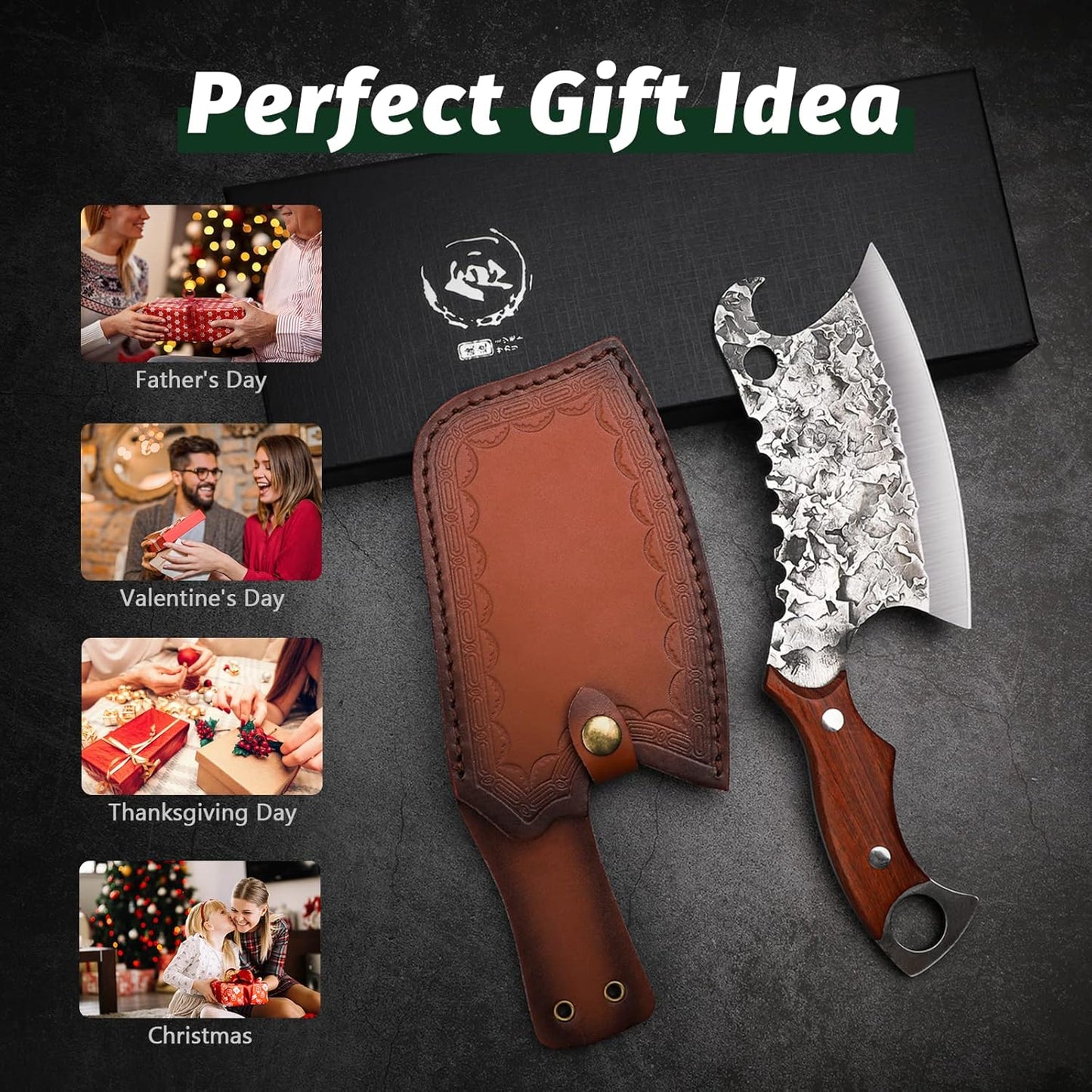 ROCOCO Hand Forged Meat Cleaver Sharp Butcher Knife for Meat Cutting Vegetable Cleaver with Sheath for Home Kitchen Outdoor Camping BBQ Father Mother Gift Idea Men