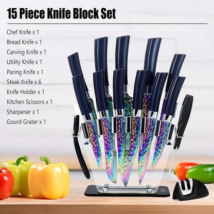 Rainbow Titanium Knife Set, Non Stick Thick and Sharp Stainless Steel 15 Pcs Cutlery Kitchen Knives Set with Acrylic Block, Chef Quality for Home & Pro Use, Best Gift, Pink Color