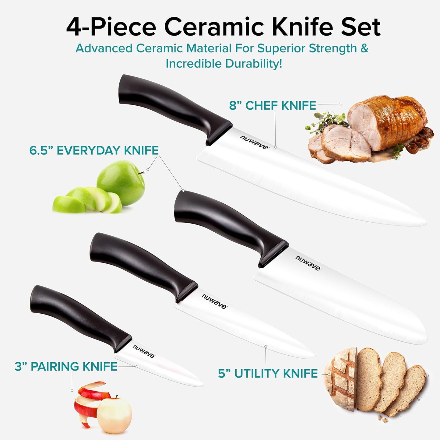 Nuwave 4-Piece Black Ceramic Knife Set - Includes 3' Paring, 5' Utility, 6.5' Everyday & 8' Chef's Knife, Ideal Super Sharp Kitchen Knives, Rust-Proof, Ergonomic Handles