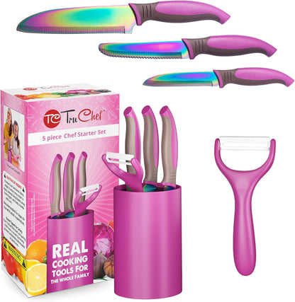 TruChef 5-Piece Kids Cooking Chef Knife Set | Real Stainless Steel Knives with Peeler, Serrated Knife & Holder | Kids Safe Rounded Tips, Easy-Grip Handles | Kitchen Knife Set (5 pcs, Aqua)