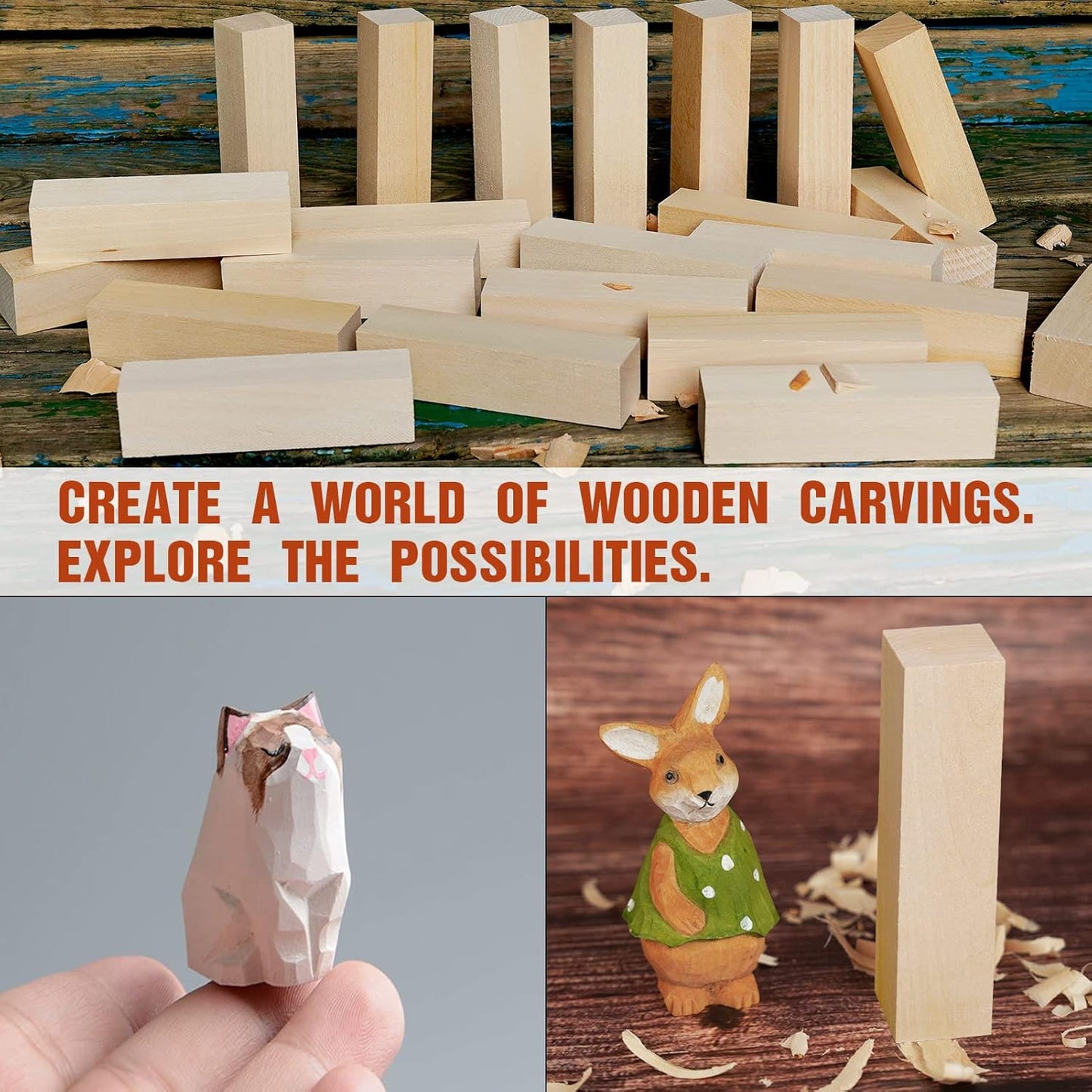Basswood Carving Blocks, 19PCS Whittling Wood Blocks Kit with 3 Different Sizes, Bass Wood for Carving Easy to Use, for Kids and Adults