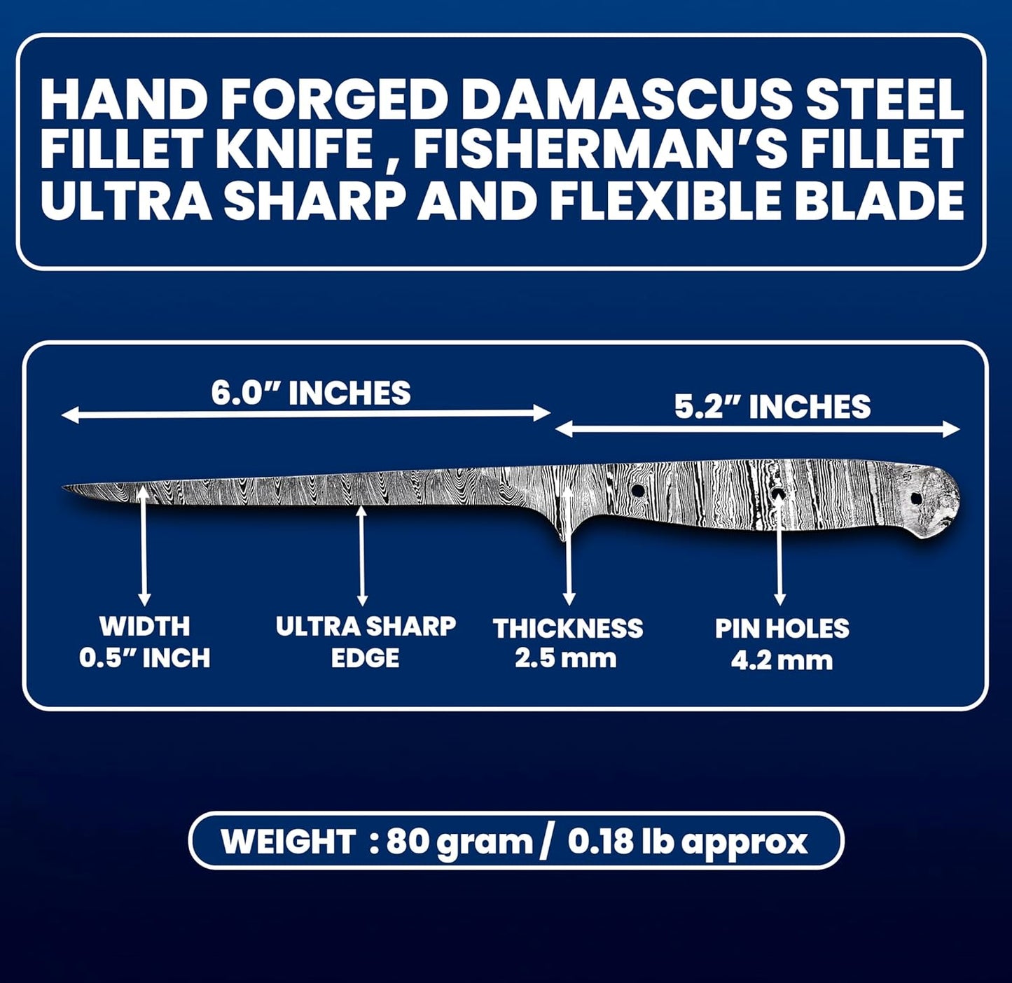 Custom Hand Forged Damascus Steel Blank Blade Fillet Knife Fisherman's Filet Fishing Knife Blade Damascus Blade Billet Handmade Knife Making Supply (FB-07)