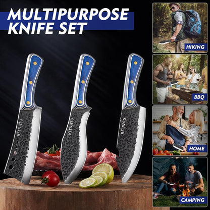 KITNATS 3PCS Butcher Knife Set, Hand Forged kitchen Knife Set-Heavy Duty Bone Chopper & Meat Cleaver & Viking Chef Knife Set for Home, Outdoor Cooking, Camping BBQ