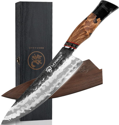 8 inch Japanese Gyuto Chef Knife, 440C Japanese Damascus Steel, Ultra-durable Steel with Superior Blade Retention, Professional Hand Forged Cooking Knife, Professional Chefs and Home Cooks