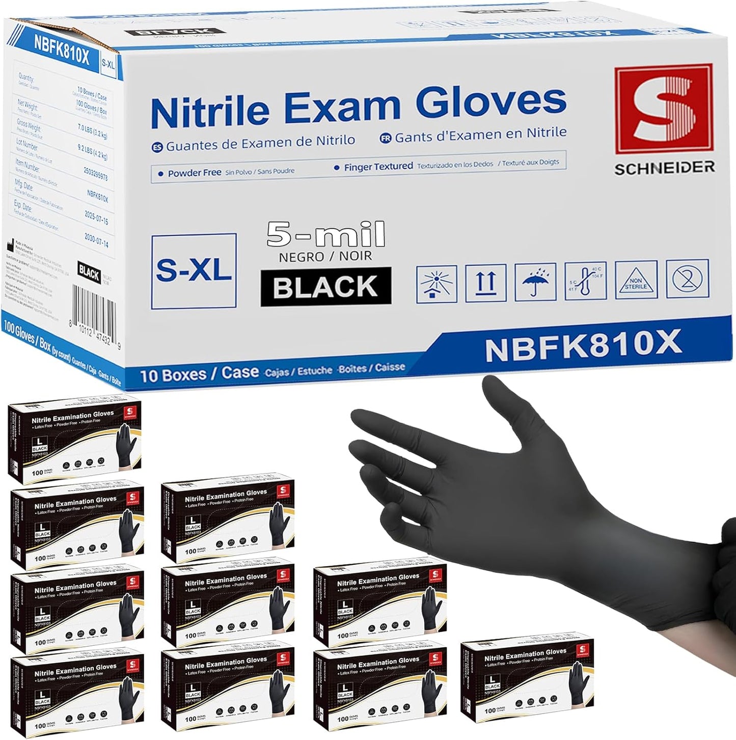Schneider Black Nitrile Exam Gloves, 5 Mil Disposable Gloves, Latex Free & Powder Free, for Medical, Cleaning, Food Prep