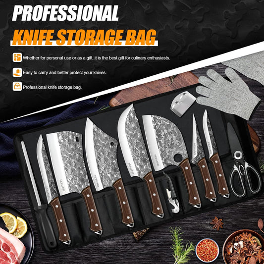 MDHAND Butcher Knife Set, 14PCS Hand Forged Professional Chef Knife Set with Roll Bag, Sharp Meat Cleaver Knife & Bone Chopper Knives & Fillet Knife for Home Kitchen & Camping BBQ, Gifts for Men Women