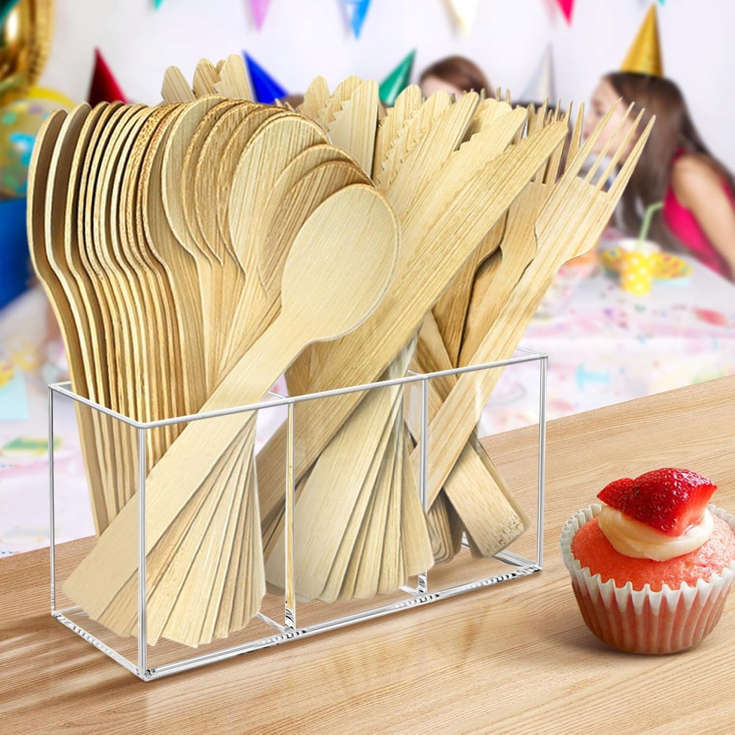 Vowcarol Acrylic Silverware Caddy Cutlery Storage Organizer Bin Clear 3 Compartments Tableware Storage Box for Kitchen Countertop, Knife Spoon and Fork Holder