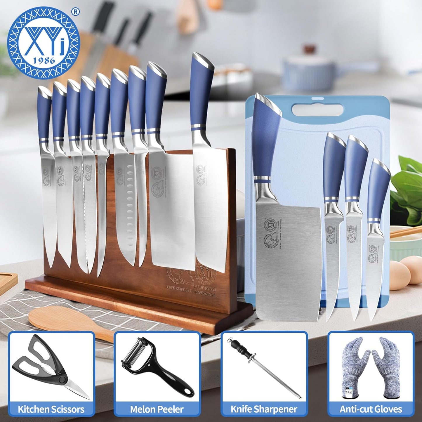 XYJ Professional Knife Sets for Master Chefs,Meat Cleaver Butcher for Camping,Chef Knife Set with Magnetic Knife Block,Stainless Steel Kitchen Knives Tools Kit