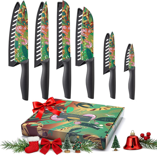 Marco Almond Knife Set Artistic Designed Pattern Kitchen Knife 6 Stainless Steel Kitchen Knives w 6 Blade Guards, Dishwasher Safe Knives for Family Kitchen Knives Set for Chefs