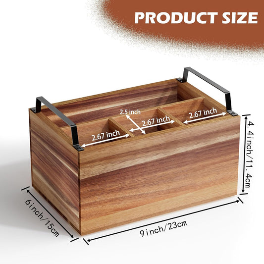 Wooden Silverware Caddy Organizer, Acacia Wooden Silverware Holder, Utensil Holder for Party, Utensil Organizer for Countertop, Wood Color