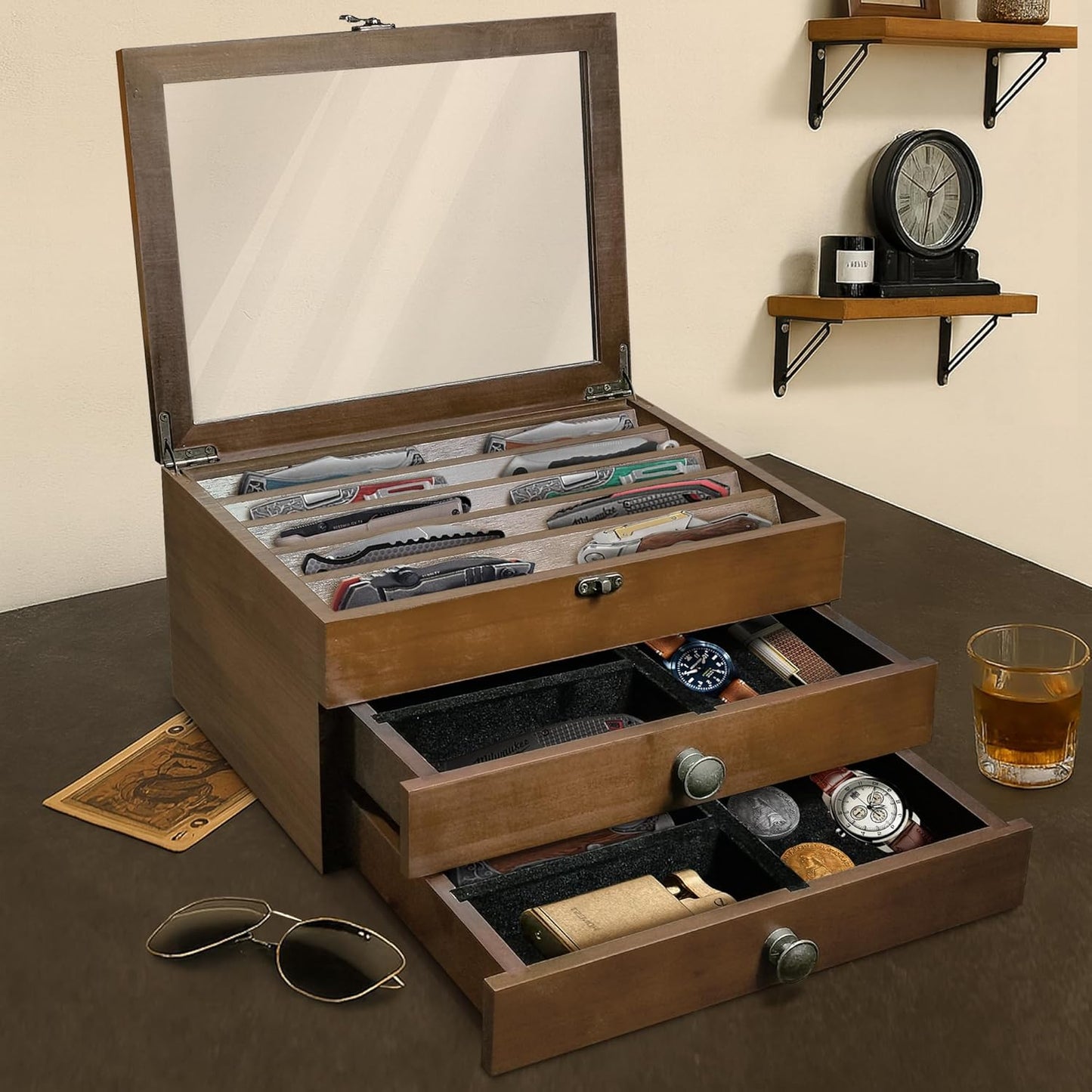 Knife Display Case,2 Layer Pocket Knife Display Case Wood, Knife Collection Display Case with Drawers, Pocket Knife Organizer for Gifts, Black