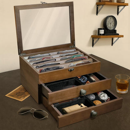 Knife Display Case,2 Layer Pocket Knife Display Case Wood, Knife Collection Display Case with Drawers, Pocket Knife Organizer for Gifts, Black