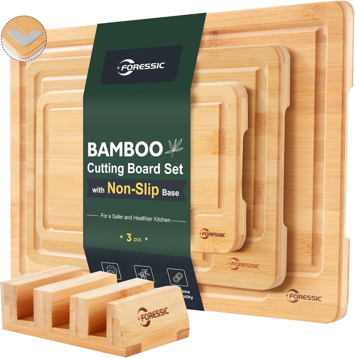 Wood Cutting Board Carbonized Bamboo Set With Smooth Surface Set 4 Packs with Non Slip Feet Holder and Over Sink Solid Thick Durable Wood Charcuterie Cheese Serving Tray Kitchen Gadgets (Carbonized)