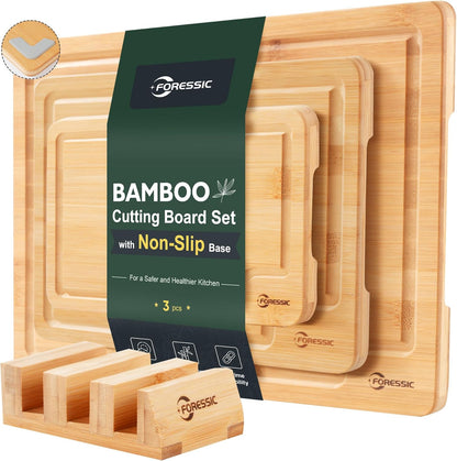 Wood Cutting Board Carbonized Bamboo Set With Smooth Surface Set 4 Packs with Non Slip Feet Holder and Over Sink Solid Thick Durable Wood Charcuterie Cheese Serving Tray Kitchen Gadgets (Carbonized)