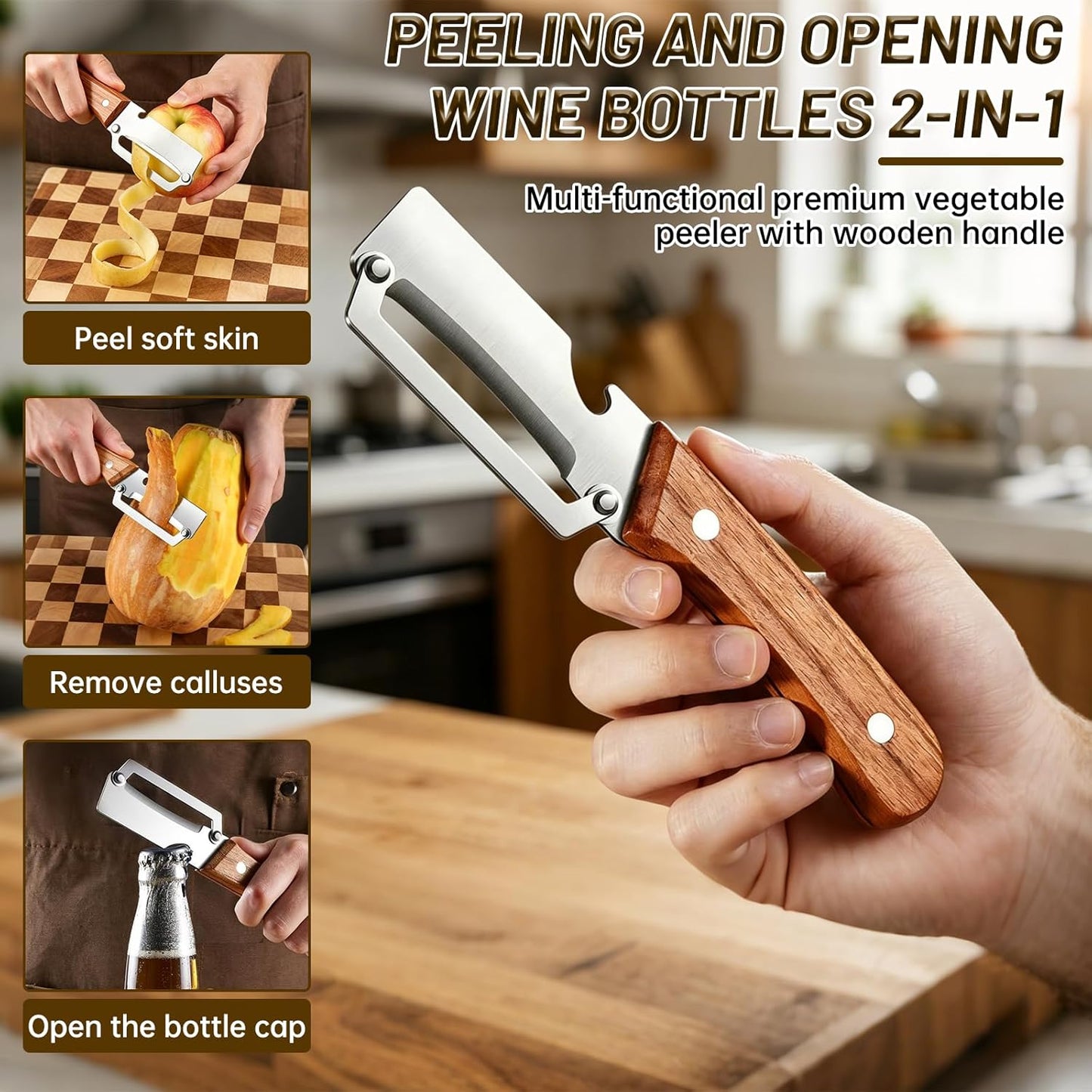 Multi-Functional Vegetable Peeler For Kitchen,2-In-1 Stainless Steel Veggie Peeler Knife With Wooden Handle And Bottle Opener,For Fruit Pumpkin Peeling Potato Carrot Veggie Peeler-2pcs
