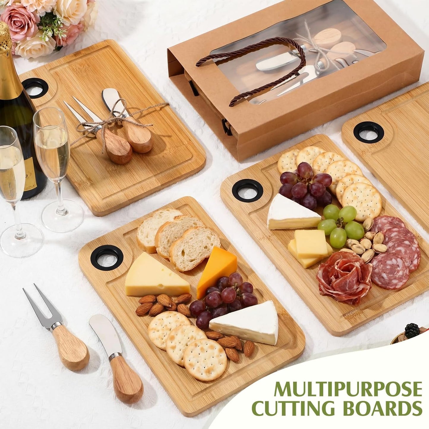 LemonRoad 6 Set Bridal Shower Favors Bamboo Cheese Board Charcuterie Board Gift Set with Knives Forks Bags for Baby Shower Gifts Easter Spring Wedding Favors